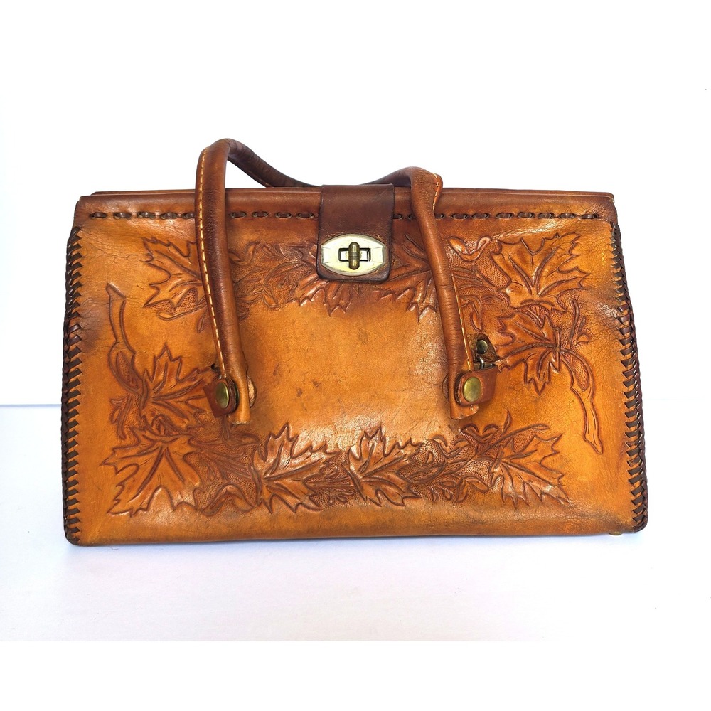 Vintage Brown Leather Tooled Handbag Western Boho Turn‎ Lock Festival Rustic - Picture 2 of 10
